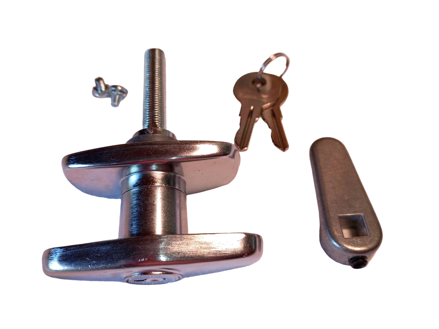 A metal lock cylinder assembly with a threaded rod, two small screws, a set of keys, and a separate metal cap, arranged on a light fabric surface.